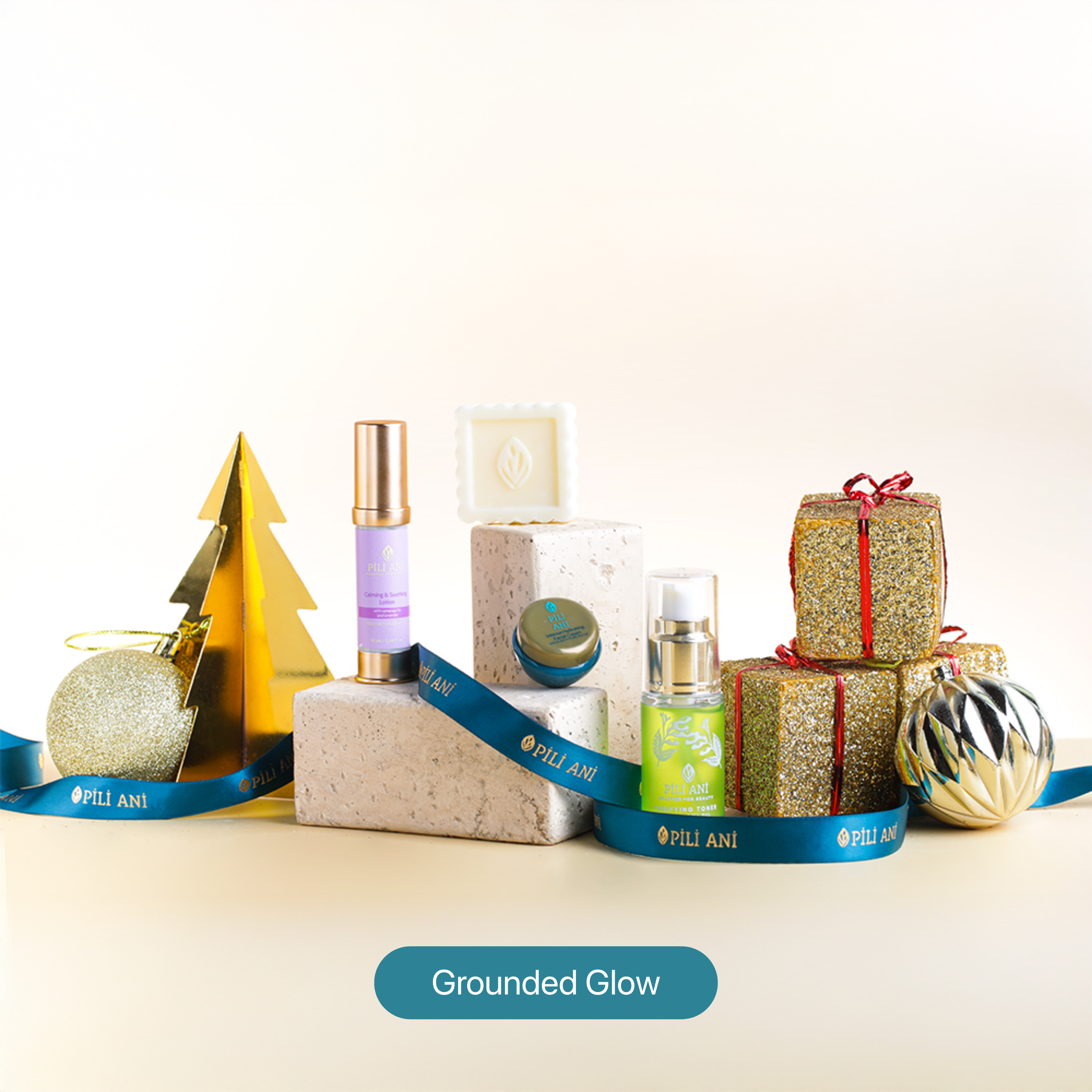 Holiday Sets Grounded Glow 4-piece skincare set including Purifying Toner 20ml, Cleansing & Moisturizing Body Butter Bar 20g, Calming & Soothing Lotion 10ml, and Facial Cream 4g — delivers skin-soothing hydration and soft radiance.