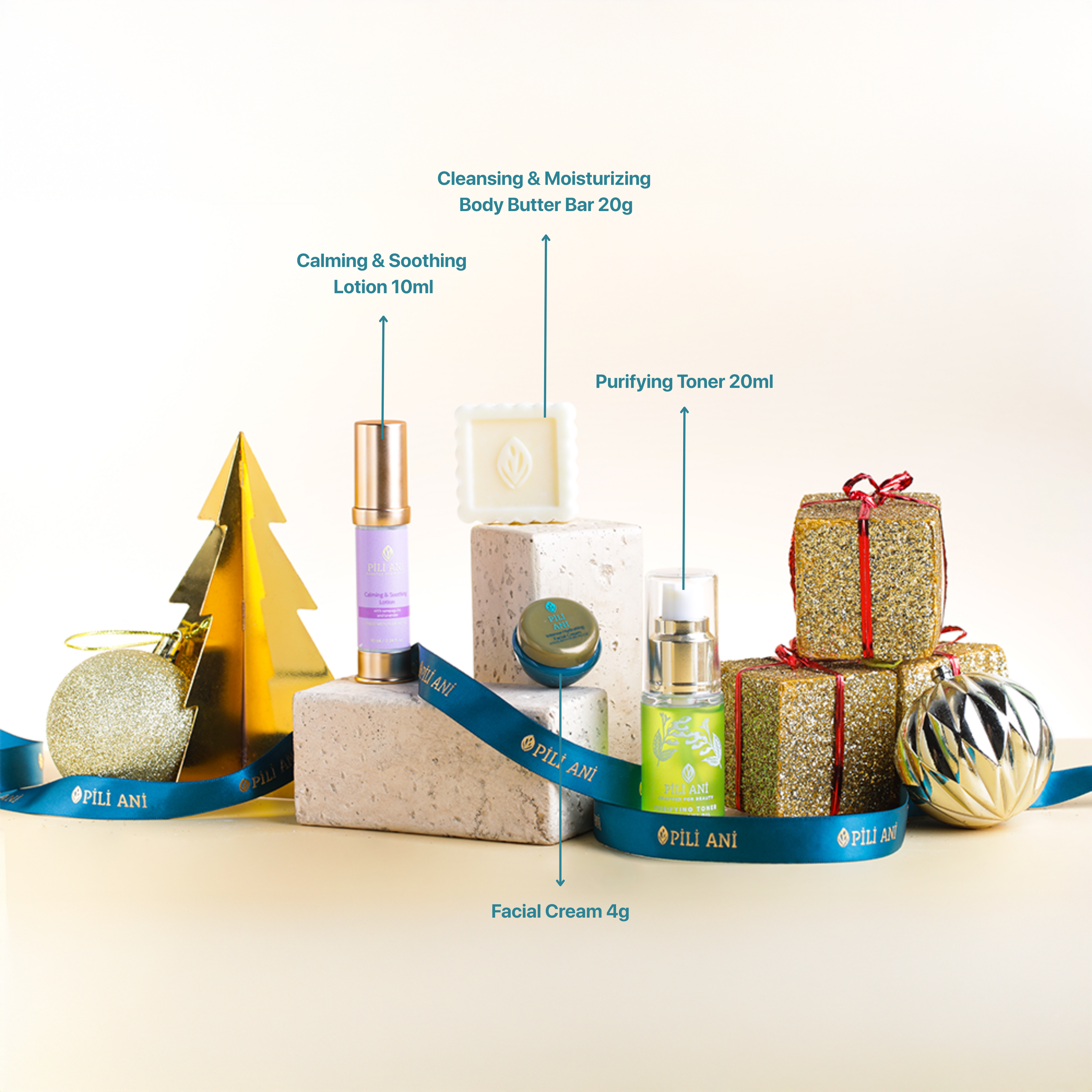 Holiday Sets Grounded Glow 4-piece skincare set including Purifying Toner 20ml, Cleansing & Moisturizing Body Butter Bar 20g, Calming & Soothing Lotion 10ml, and Facial Cream 4g — delivers skin-soothing hydration and soft radiance.