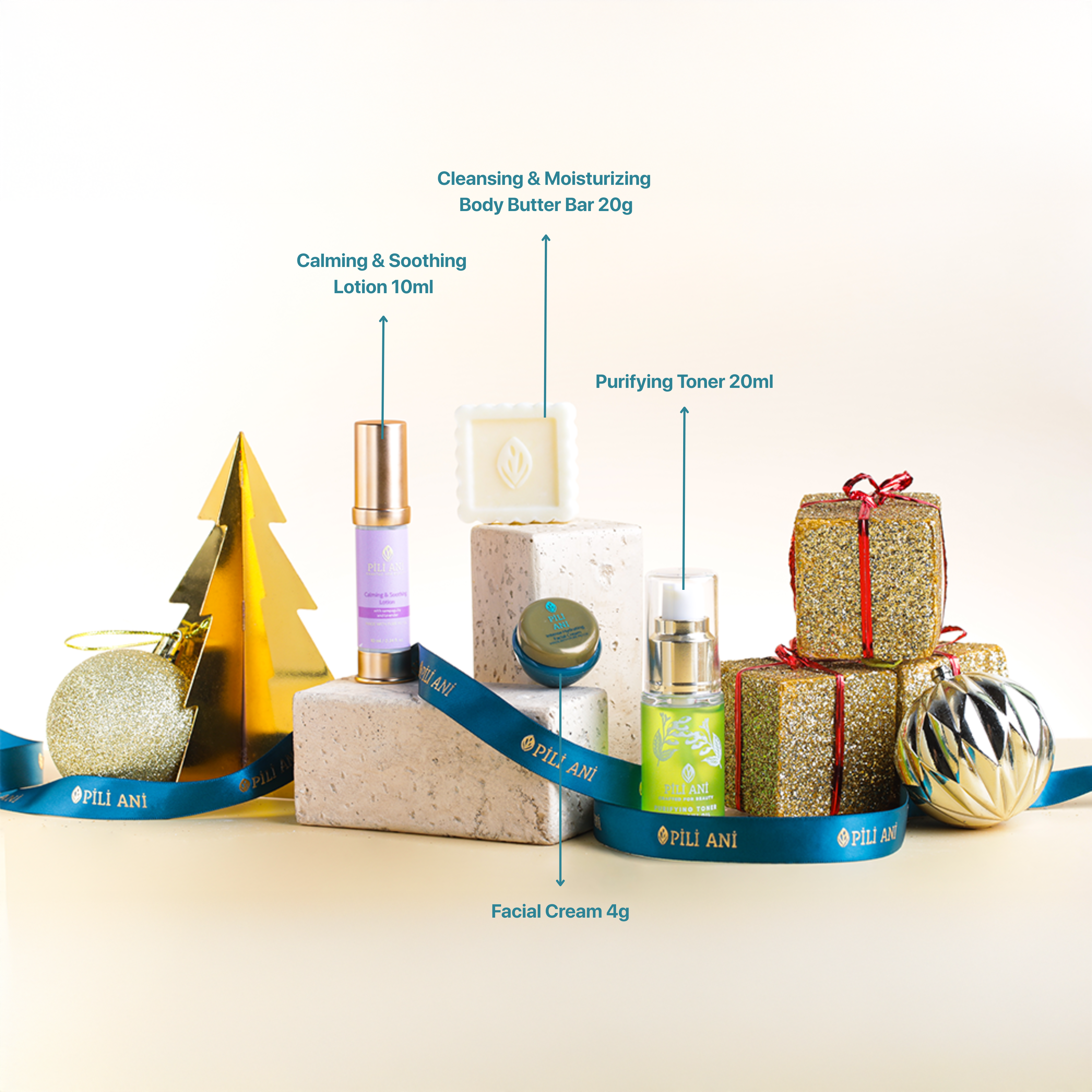 Holiday Sets Grounded Glow 4-piece skincare set including Purifying Toner 20ml, Cleansing & Moisturizing Body Butter Bar 20g, Calming & Soothing Lotion 10ml, and Facial Cream 4g — delivers skin-soothing hydration and soft radiance.