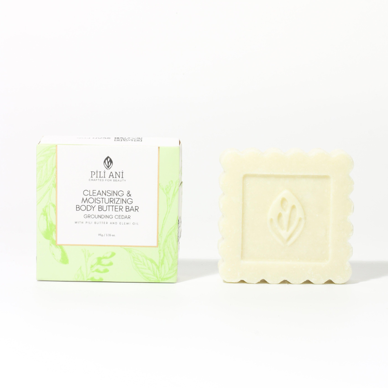 Body butter bar, Moisturizing body bar, Cleansing bar with butter, Grounding cedar bar, Solid body moisturizer, Pili Ani body butter, Natural body soap bar, Nourishing body bar, Herbal body cleanser, Skin-softening body bar, Essential oil body bar, Body bar for dry skin, Scented body butter bar, Moisture-rich soap bar, Creamy cleansing bar