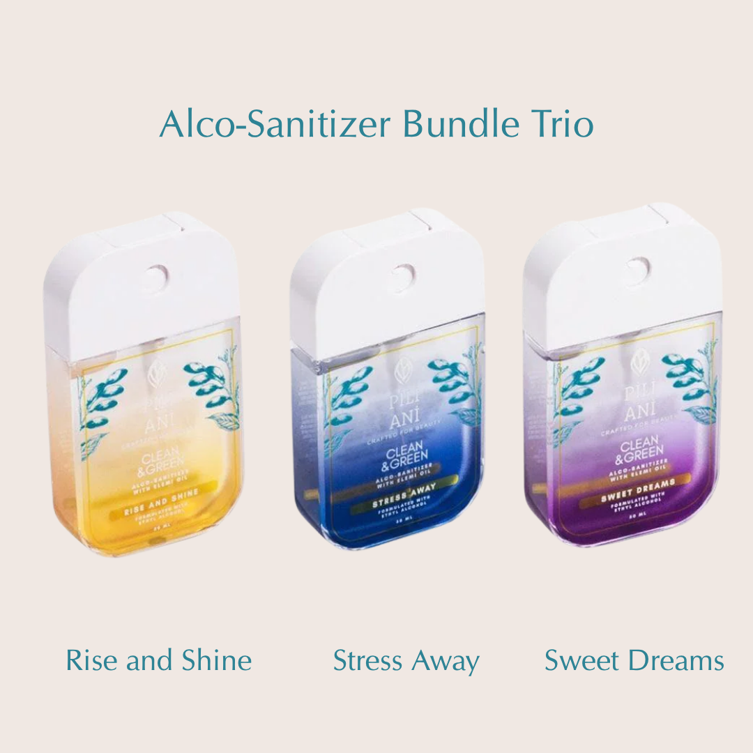 Pili Ani sanitizer bundle, Hand sanitizer set, Natural sanitizer pack, Essential oil sanitizer, Scented sanitizer trio, Clean & Green sanitizer, Hand spray bundle, Alcohol-based hand spray, Pili oil hand sanitizer, Aromatherapy sanitizer set, Hand hygiene bundle, Travel-size sanitizer, Sanitizer gift set, Natural disinfectant spray, Gentle hand sanitizer