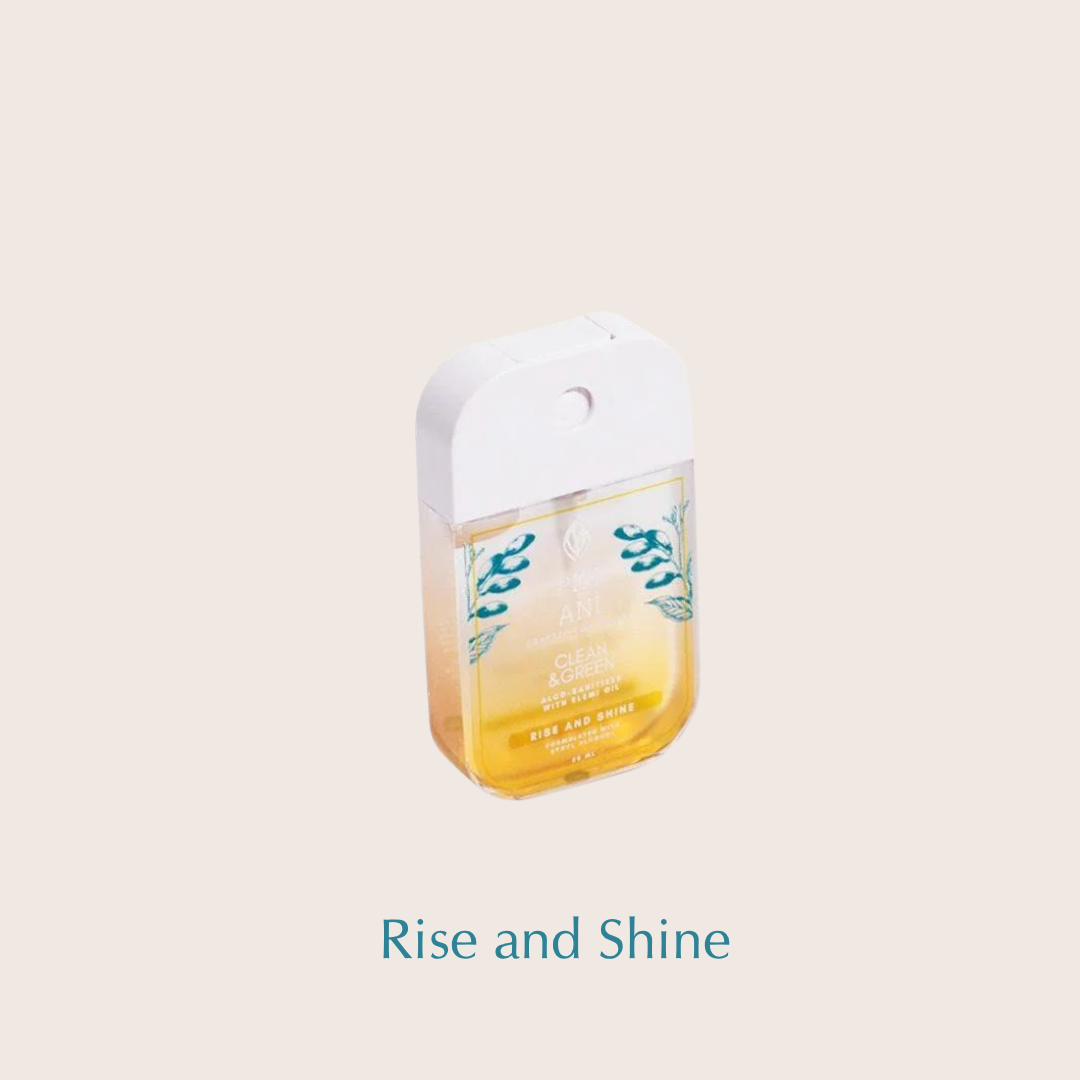 Rise & Shine sanitizer, Clean & Green sanitizer, Natural hand sanitizer, Essential oil sanitizer, Alco-sanitizer spray, Botanical hand spray, Hand disinfectant, Morning scent sanitizer, Uplifting hand spray, Hand sanitizer with essential oils, Citrus-scented sanitizer, Daytime sanitizer, Refreshing hand sanitizer, Alcohol-based hand spray, Plant-powered sanitizer, Skin-friendly sanitizer, Natural disinfectant, Energizing hand spray, Non-drying sanitizer
