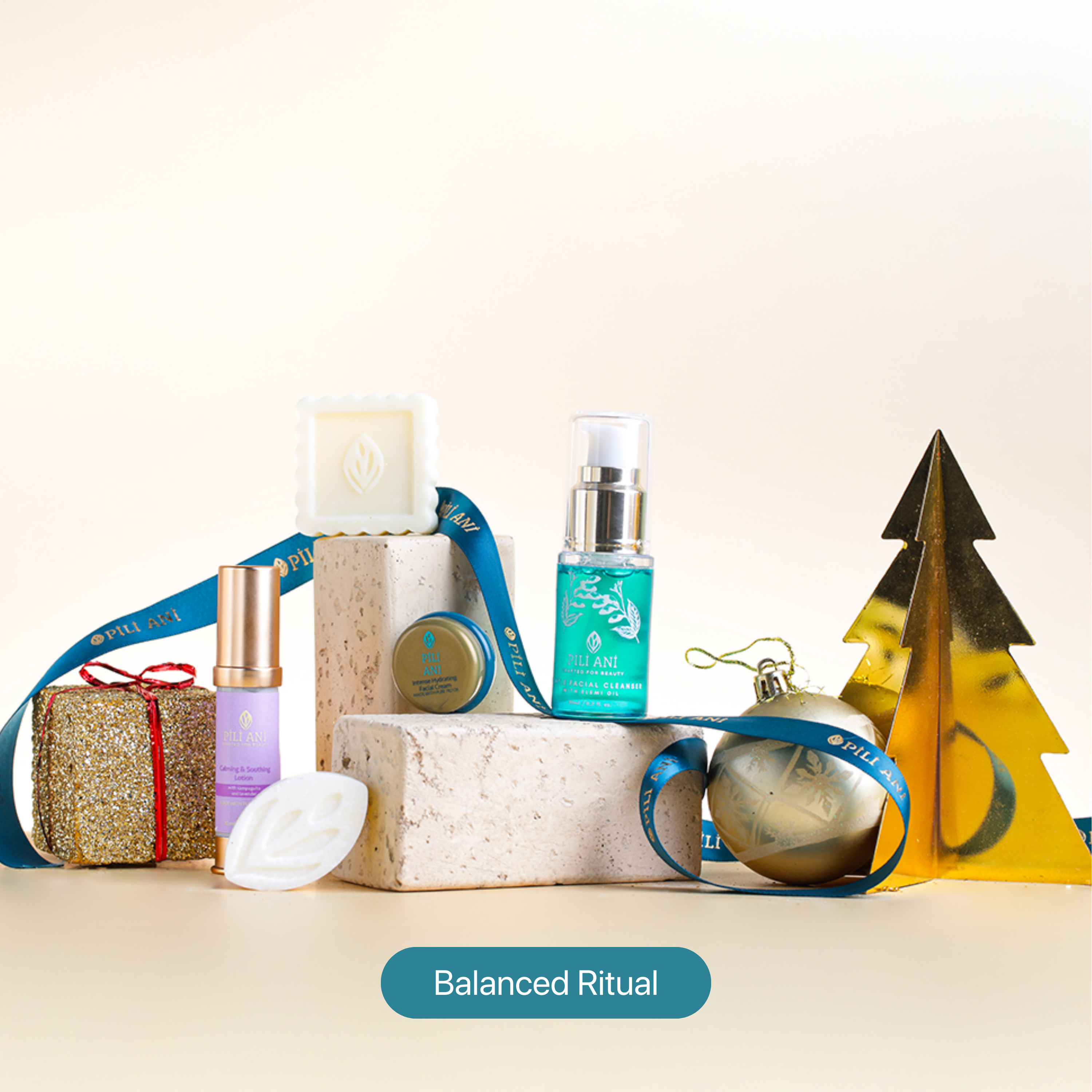 Balanced Ritual set including Calming & Soothing Lotion 10ml, Gentle Facial Cleanser 20ml, Cleansing & Moisturizing Body Butter Bar 20g, Shampoo Bar 15g, and Facial Cream 4g – a complete routine to cleanse, nourish, and hydrate skin and scalp.