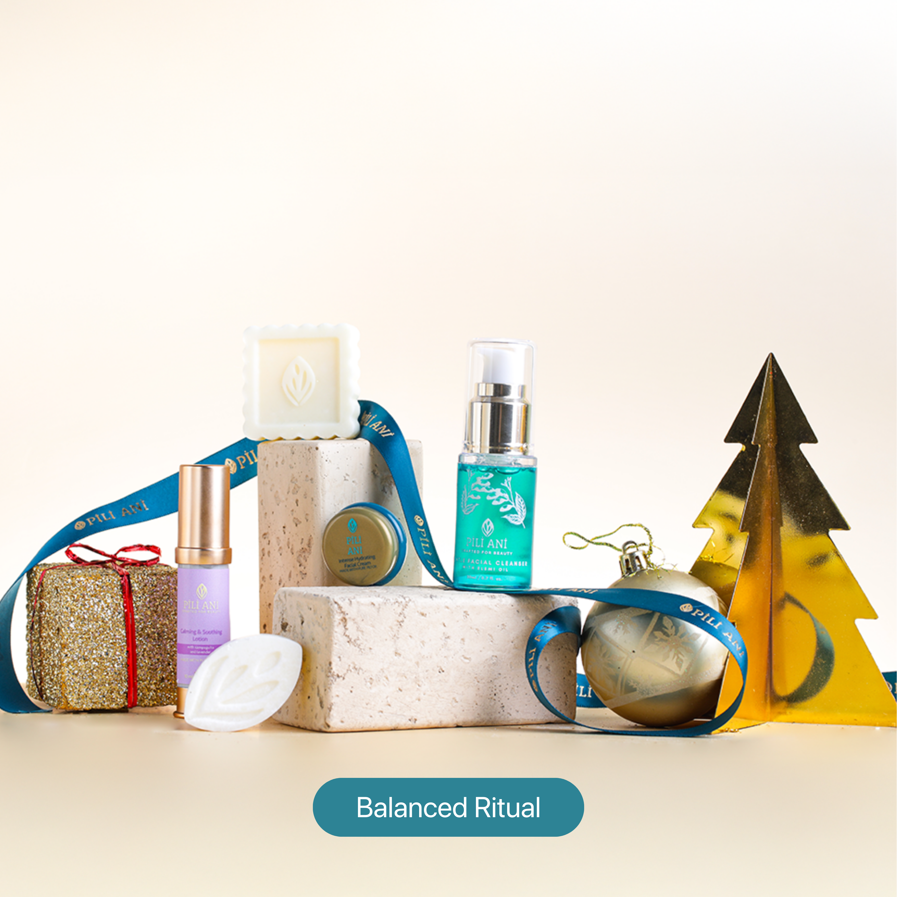 Balanced Ritual set including Calming & Soothing Lotion 10ml, Gentle Facial Cleanser 20ml, Cleansing & Moisturizing Body Butter Bar 20g, Shampoo Bar 15g, and Facial Cream 4g – a complete routine to cleanse, nourish, and hydrate skin and scalp.