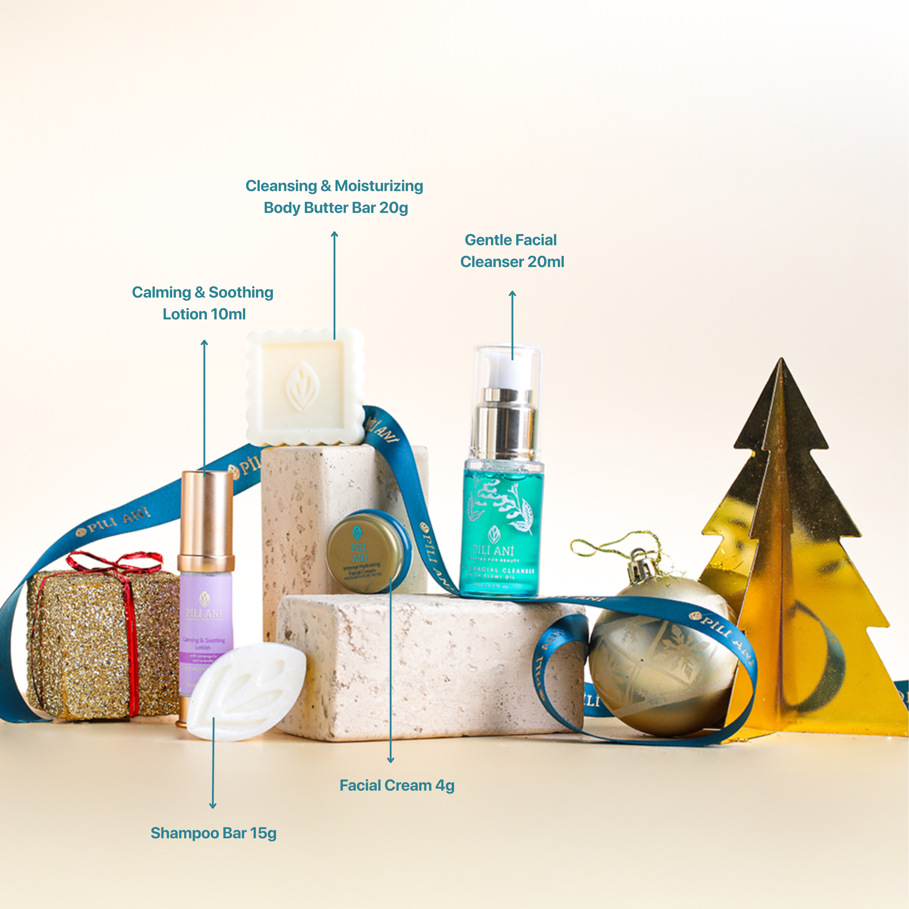 Balanced Ritual set including Calming & Soothing Lotion 10ml, Gentle Facial Cleanser 20ml, Cleansing & Moisturizing Body Butter Bar 20g, Shampoo Bar 15g, and Facial Cream 4g – a complete routine to cleanse, nourish, and hydrate skin and scalp.