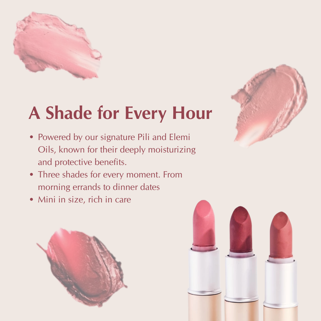 Pili Ani Mini Lipstick Set with three moisturizing shades enriched with Pili and Elemi Oils for natural color and care.