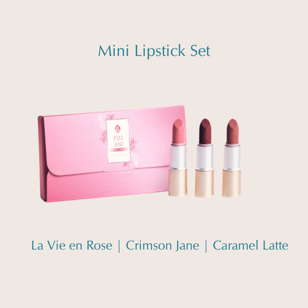 Pili Ani Mini Lipstick Set with three moisturizing shades enriched with Pili and Elemi Oils for natural color and care.