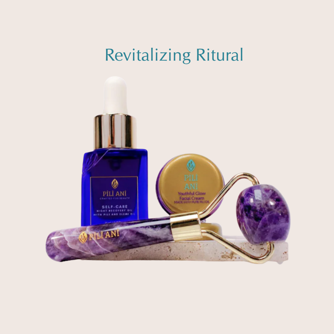 Pili Ani Revitalizing Rituals Set with Self-care Night Recovery Oil, Youthful Glow Facial Cream, and mini amethyst roller for hydrated and radiant skin
