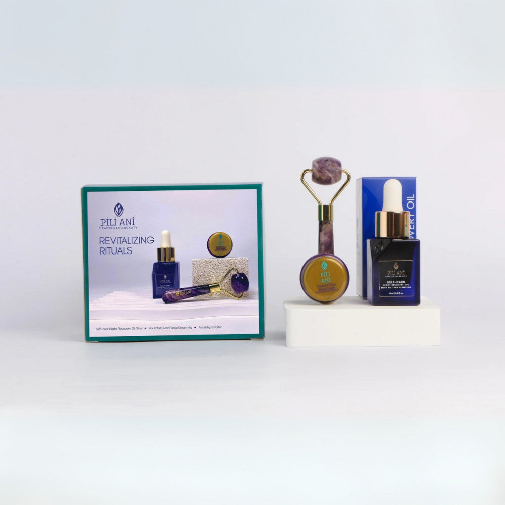 Pili Ani Revitalizing Rituals Set with Self-care Night Recovery Oil, Youthful Glow Facial Cream, and mini amethyst roller for hydrated and radiant skin