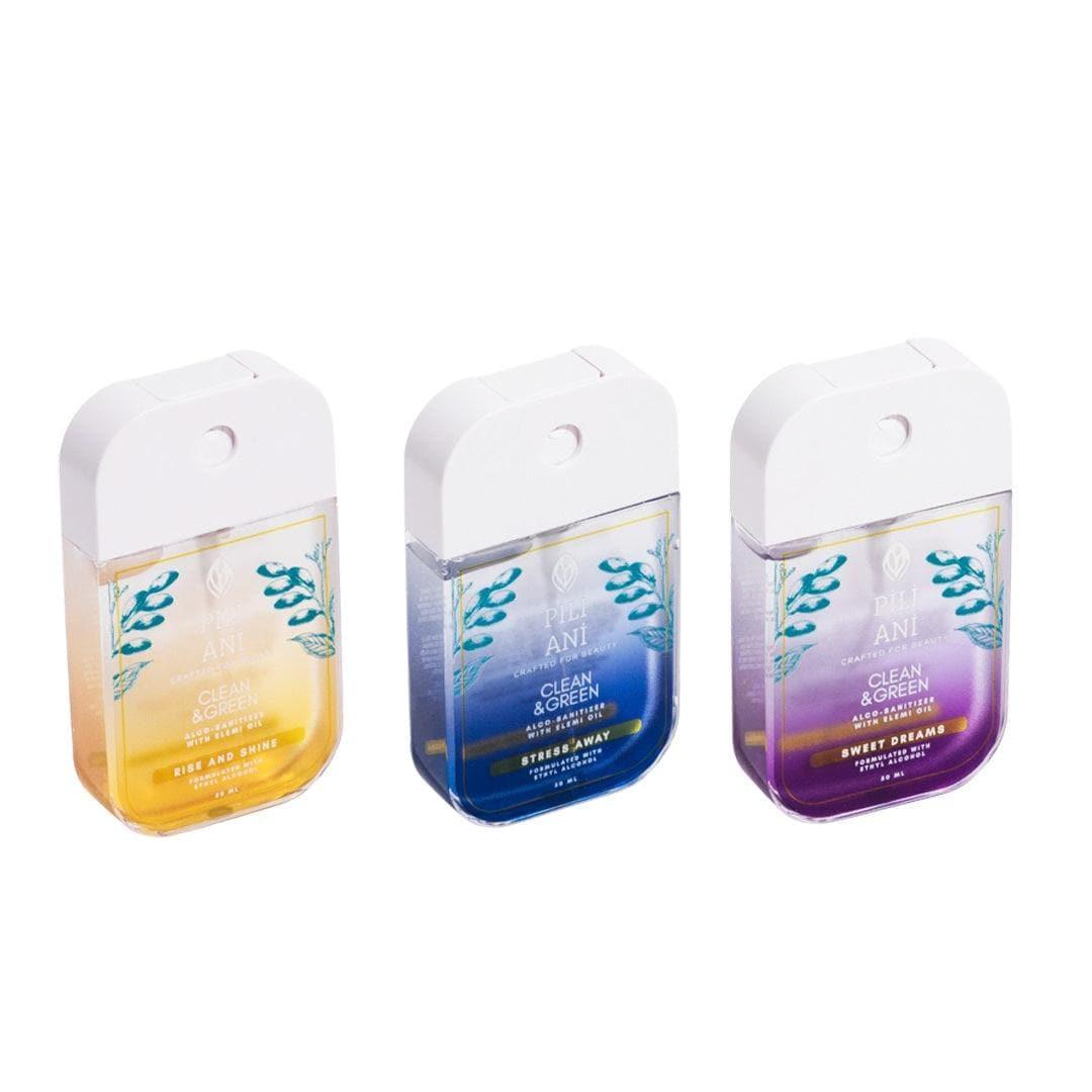 Pili Ani sanitizer bundle, Hand sanitizer set, Natural sanitizer pack, Essential oil sanitizer, Scented sanitizer trio, Clean & Green sanitizer, Hand spray bundle, Alcohol-based hand spray, Pili oil hand sanitizer, Aromatherapy sanitizer set, Hand hygiene bundle, Travel-size sanitizer, Sanitizer gift set, Natural disinfectant spray, Gentle hand sanitizer