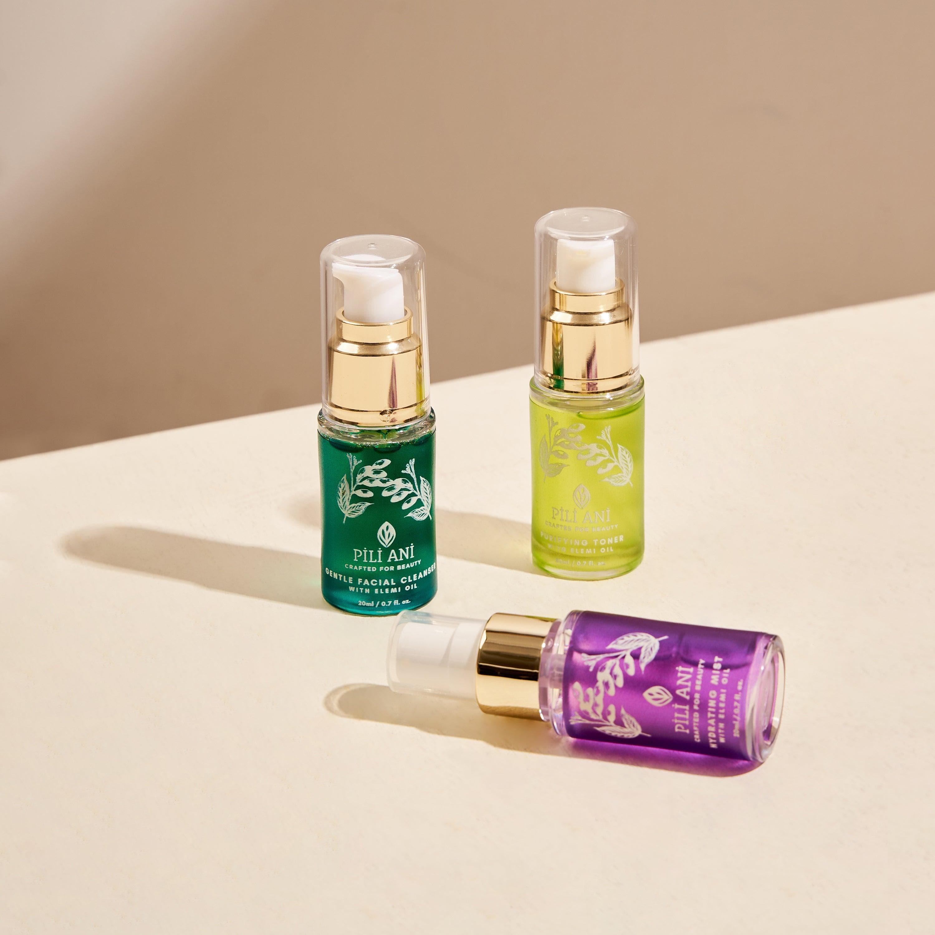 Pili Ani skincare, Skin travel essentials, Mini skincare bottles, Compact skincare set, Travel-friendly skincare, Vegan skincare set, Clean beauty travel kit, All-in-one skincare kit, Skincare sampler set, Face care travel set, Lightweight skincare kit, Hydrating mini skincare, Organic travel set, Tropical skincare minis, Skincare gift set